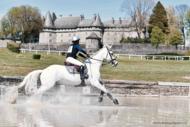 White horse galloping through water, in front of a traditionnal french chateau.